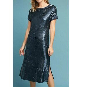 Anthropologie T Shirt Dress XS Blue Short Sleeve Sequin Midi Party Sparkly